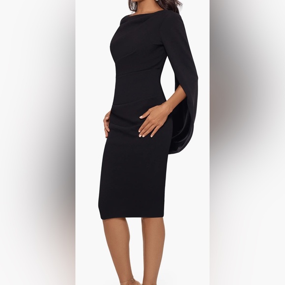 Betsy & Adam Elegant Cape Sleeve Crepe Sheath Dress - Picture 3 of 9